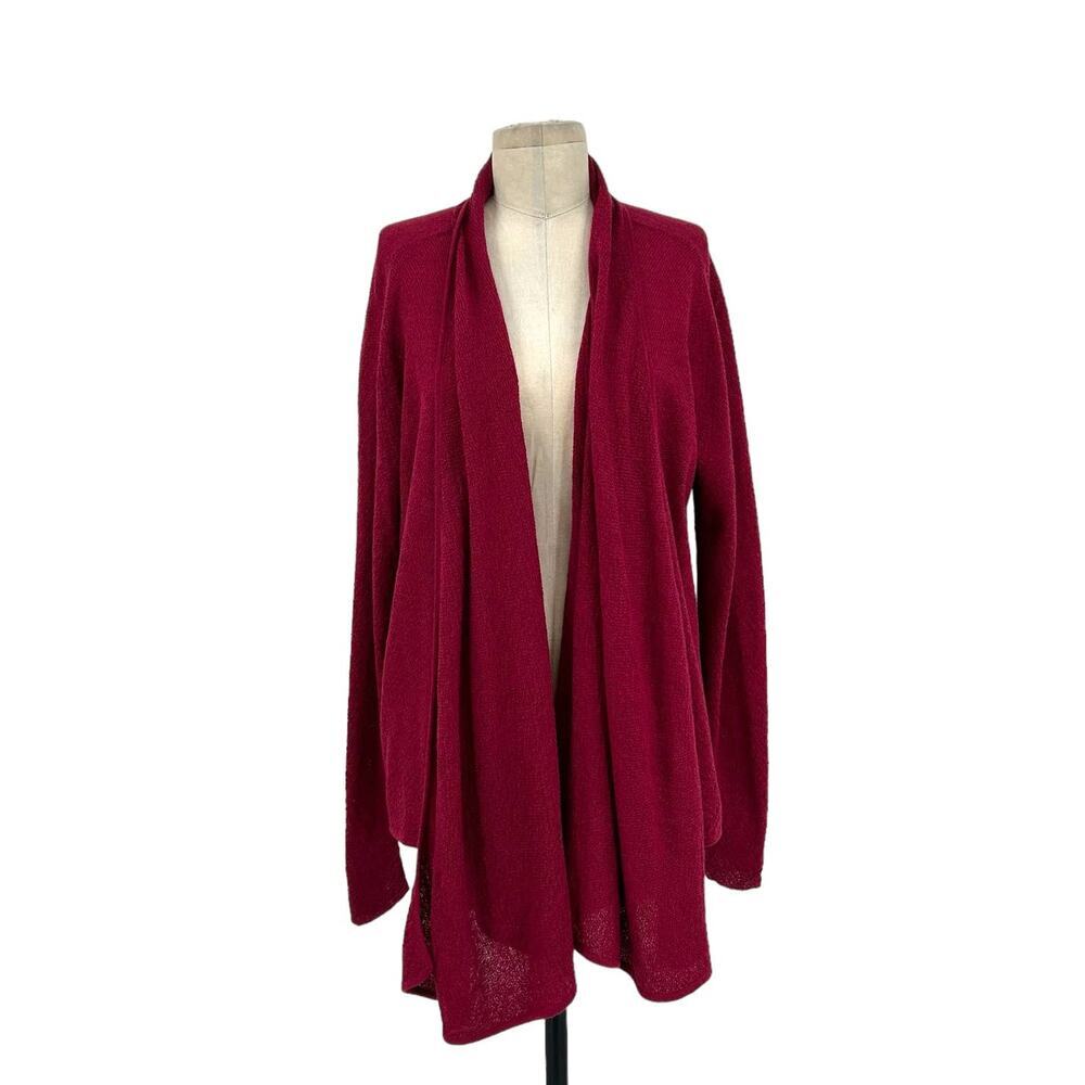 Eileen Fisher Red Wool Knit Draped Open Front Cardigan Sweater‎ Size Large